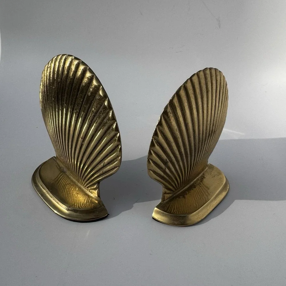 VTG 60s Bookends Brass Seashell Pair Coastal Library Book Lover Beach House